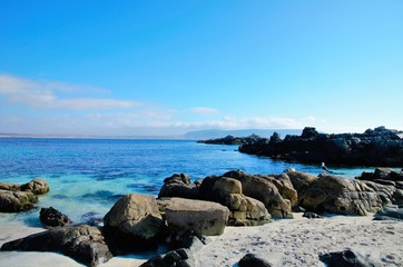 Fototapeta na wymiar Panoramic view onto the ocean at the beach in Bahia Inglesa ina Chile, South America