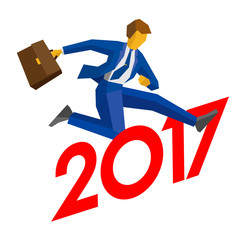 Businessman with case jump over number 2017. Man crosses the borderline. New year concept for greeting card, poster or annual report. Flat vector clip art, isolated on white background.