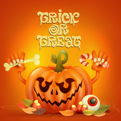 Funny pumpkin character on orange background
