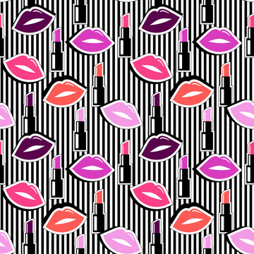 Seamless pattern with colorful badge shape lips and lipstick on black striped background. Vector illustration with lips stickers in cartoon 80s-90s comic style.