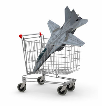 Shopping cart with a warplane inside