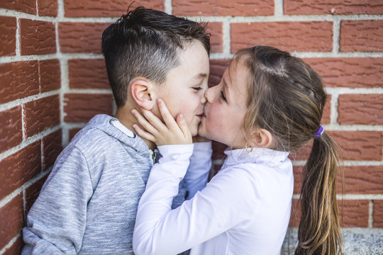 First Love And Kiss Two Happy Cute Kids Meeting