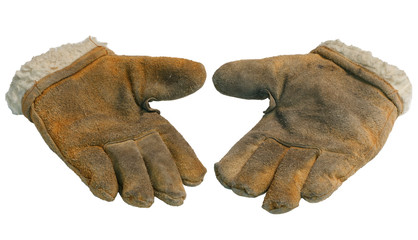 warm old dirty gloves with artificial fur, isolate on a white ba