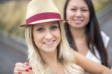 two beautiful young women having fun in the city