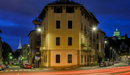 Turin, night scene with both the Mole Antonelliana and the Cappuccini