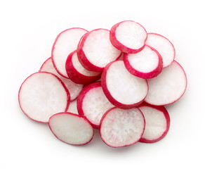 Radish slices isolated on white, from above