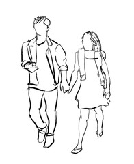 young couple walking marker sketch isolated