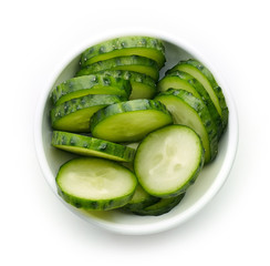 Bowl of fresh cucumber slices, from above