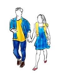 young couple walking marker sketch isolated