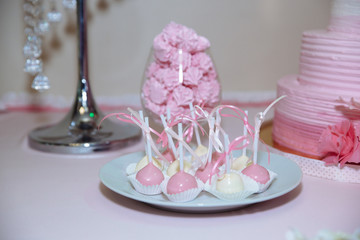 Wedding cake. Candy bar marshmallow on the table in a vase, macaroon, and cupcake, decor vanilla, handmade sweets