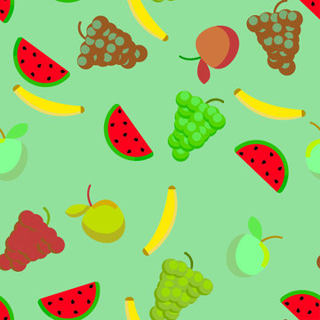 Fruits on green background. Seamless pattern for textile or wallpaper