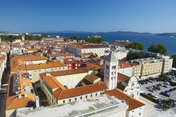 Fototapeta na wymiar St. Donat church, forum and Cathedral of St. Anastasia bell tower in Zadar, Croatia
