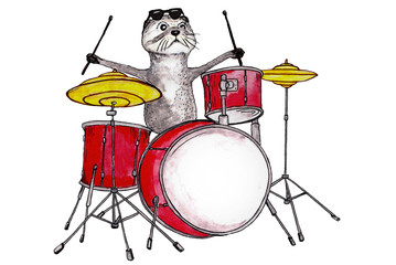 Watercolor Otter with drums