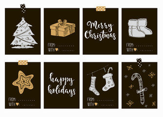 Merry Christmas and Happy New Year vintage gift tags cards with calligraphy.