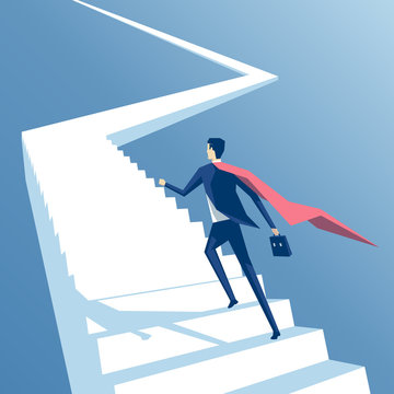 Super businessman runs up the stairs, superhero employee climbs the stairs, business concept of career growth and success