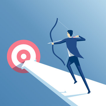 businessman to aim at a target archery, employee runs on the arrow to the goal, manager shoots from a bow at a target