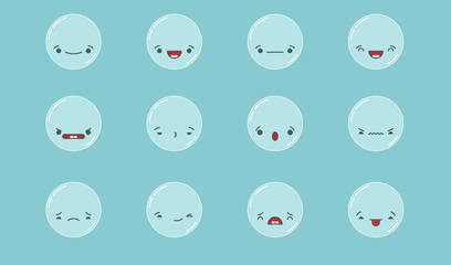Set of vector kawaii soap bubble emoticons. Isolated on blue green background.