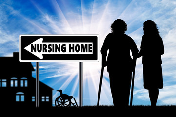 Silhouette of a nurse caring for an elderly woman on crutches