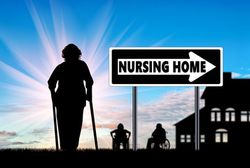 Silhouette of an old woman on crutches near house