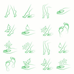 body skin spa beauty foot leg hand care beauty massage salon thin line green vector icons set 