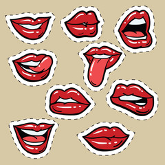 Fototapeta na wymiar Set of red female lips and tongue