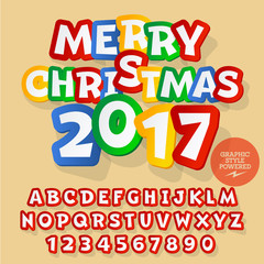 Obraz premium Vector sticker Merry Christmas 2017 greeting card with set of letters, symbols and numbers. File contains graphic styles