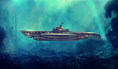 Fantastic pirate submarine in the underwater environment. Digital art, raster illustration. - obrazy, fototapety, plakaty