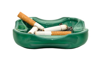 Ashtray and cigarette butts, isolated on white background