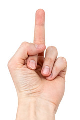 Offensive gesture (middle finger), isolated on white background