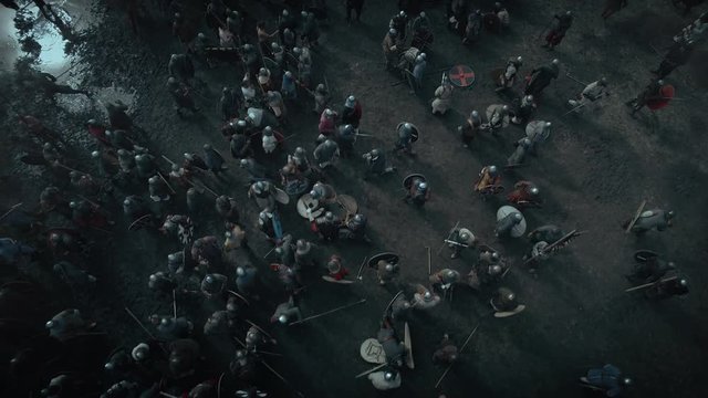 Flying over Crowd of Medieval Warriors. Medieval Reenactment. 