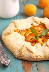 homemade cakes with apricots on a blue background, selective focus.