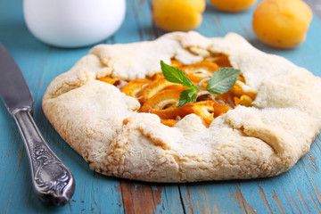 homemade cakes with apricots on a blue background, selective focus.
