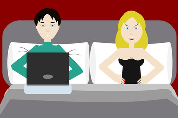 At bed a man looks at his computer instead his beautiful woman