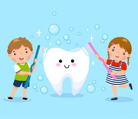 Boy and girl brushing white tooth
