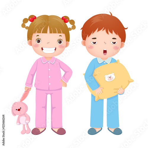 "Children wearing pajamas and getting ready to sleep" Stock image and