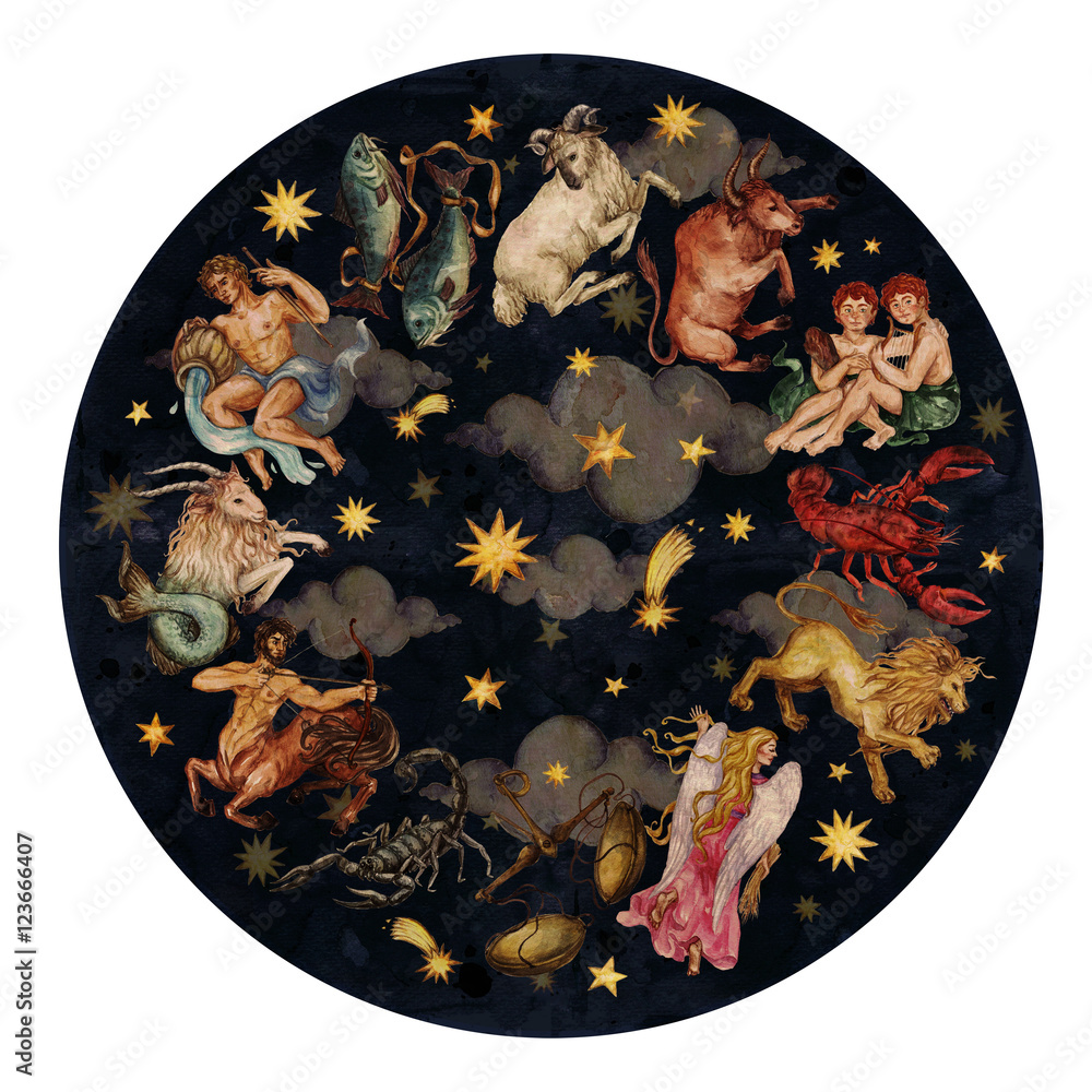 Wall mural zodiac circle - complete set of 12 signs. watercolor illustration.