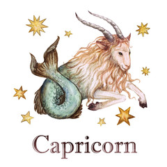 Zodiac sign - Capricorn.  Watercolor Illustration.