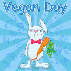 Illustration for the international day of vegetarian , funny rabbit holds a carrot on a blue background with vegetables, a call to become a vegetarian