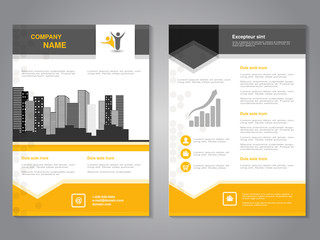 Vector modern brochure with arrow design, abstract flyer with background of monochrome buildings. Layout template. Aspect Ratio for A4 size. Poster of yellow, grey, black and white color.