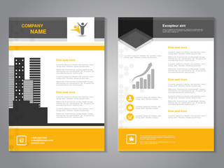 Vector modern brochure, abstract flyer with background of monochrome buildings. Layout template. Aspect Ratio for A4 size. Poster of yellow, grey, black and white color. Magazine cover.