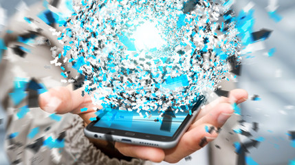 Businessman using 3D rendering data network sphere with his mobi