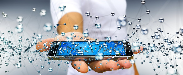 Businessman holding abstract connection interface over phone 3D