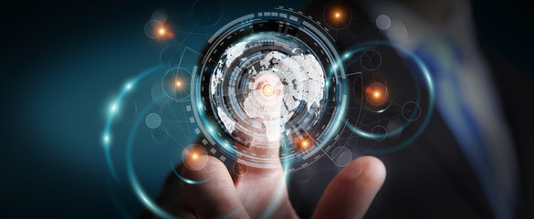 Businessman using hologram screen with digital data