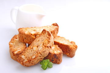 Biscotti with nuts on a white background. selective focus