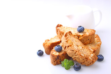 Biscotti with nuts on a white background. selective focus