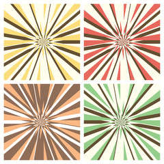 Set of abstract radial sunburst backgrounds. Retro style circular light rays scattered behind. Starburst pattern with radially placed beams. Vector eps8 illustration in different colors.