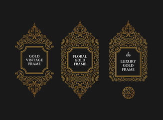 Arabic vector set of frames lines art design templates. Muslim gold outline elements and emblems