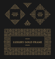 Arabic vector set of frames lines art design templates. Muslim gold outline elements and emblems