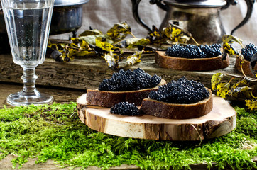 Black caviar and vodka. Vintage style.