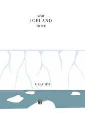 Iceland invating postcard. Glacier and icebergs vector illustration, simple flat design